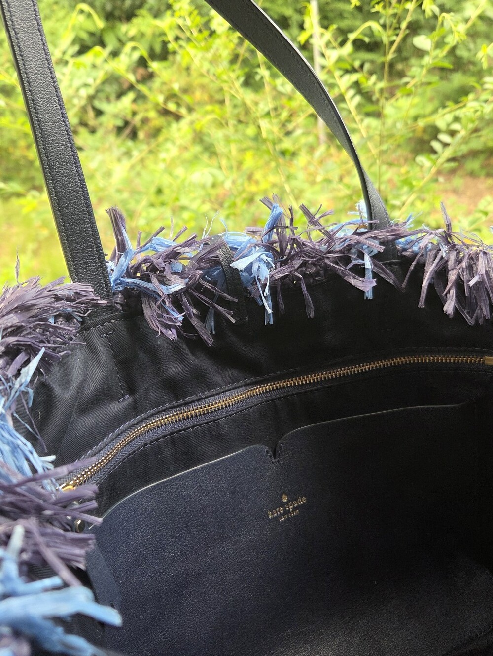 ✨️Kate Spade New York Sam Stripe Straw Tote Blue Fringe Bag - Picture 4 of 6
